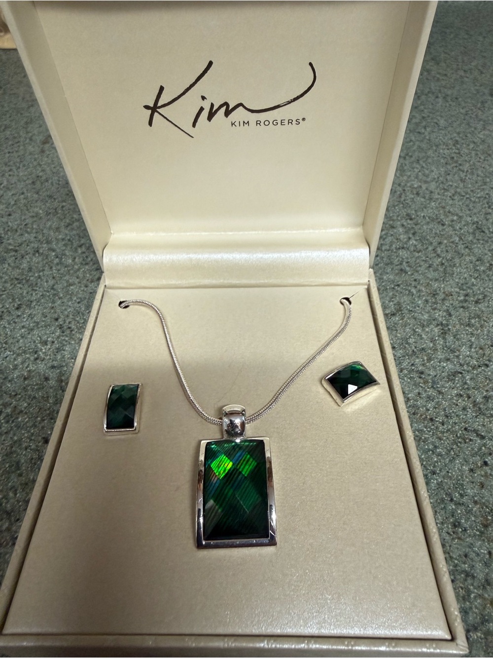 Kim Rogers Silver-Tone Necklace and Earrings with Green Faceted Stones